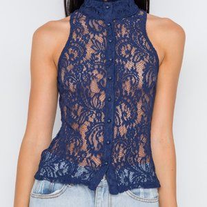 Nasty Gal Navy Blue Mock-Neck Sheer Button Down Lace Top